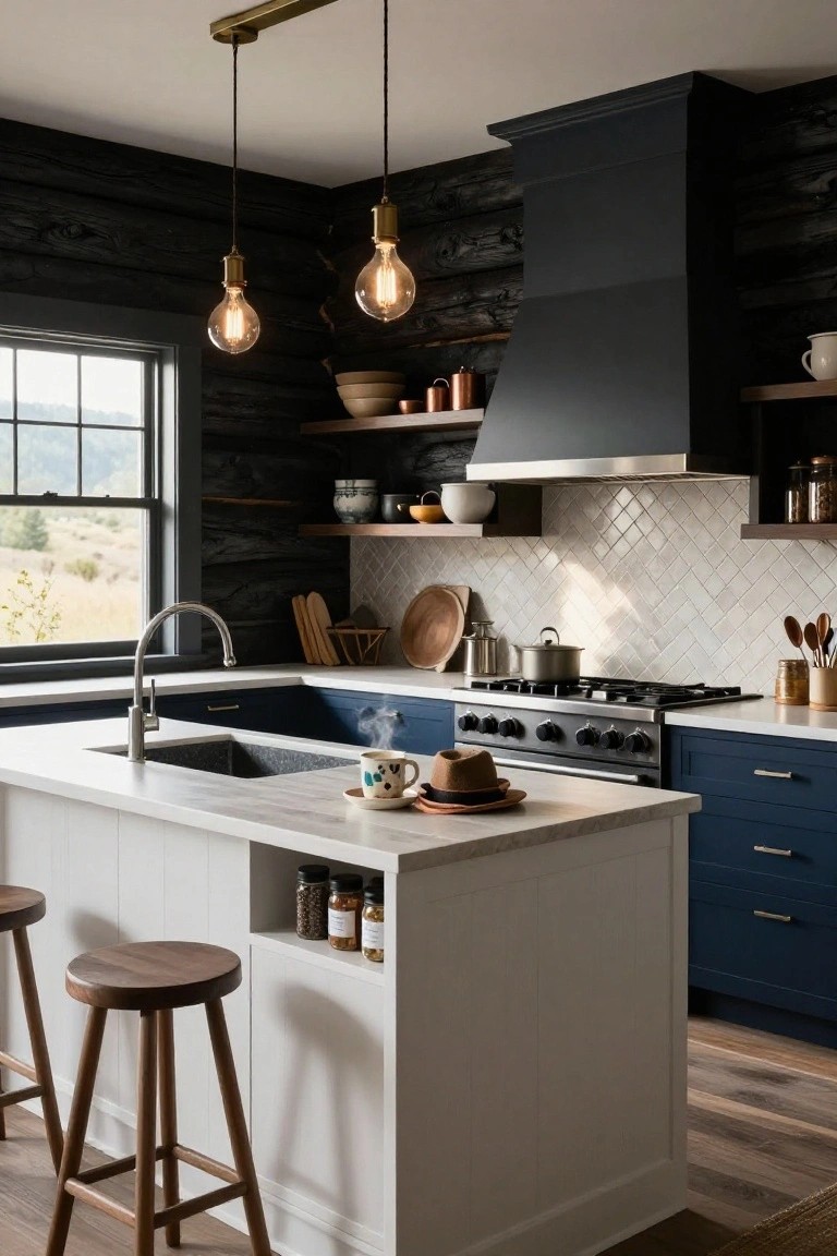Kitchen interior in a log home with dark charred wood walls, navy blue base cabinets, white central island with light stone countertop, brass pendant lights, wood bar stools, stainless steel range, and window overlooking landscape.