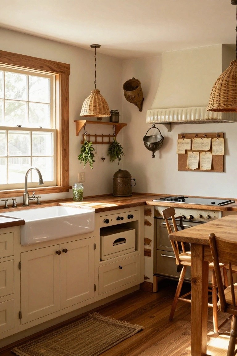 Sunlit kitchen with cream cabinets, dark wood butcher block countertops, white farmhouse sink, wicker pendant lights, metal pots on shelves, herb bundles, and wooden stools by a window.