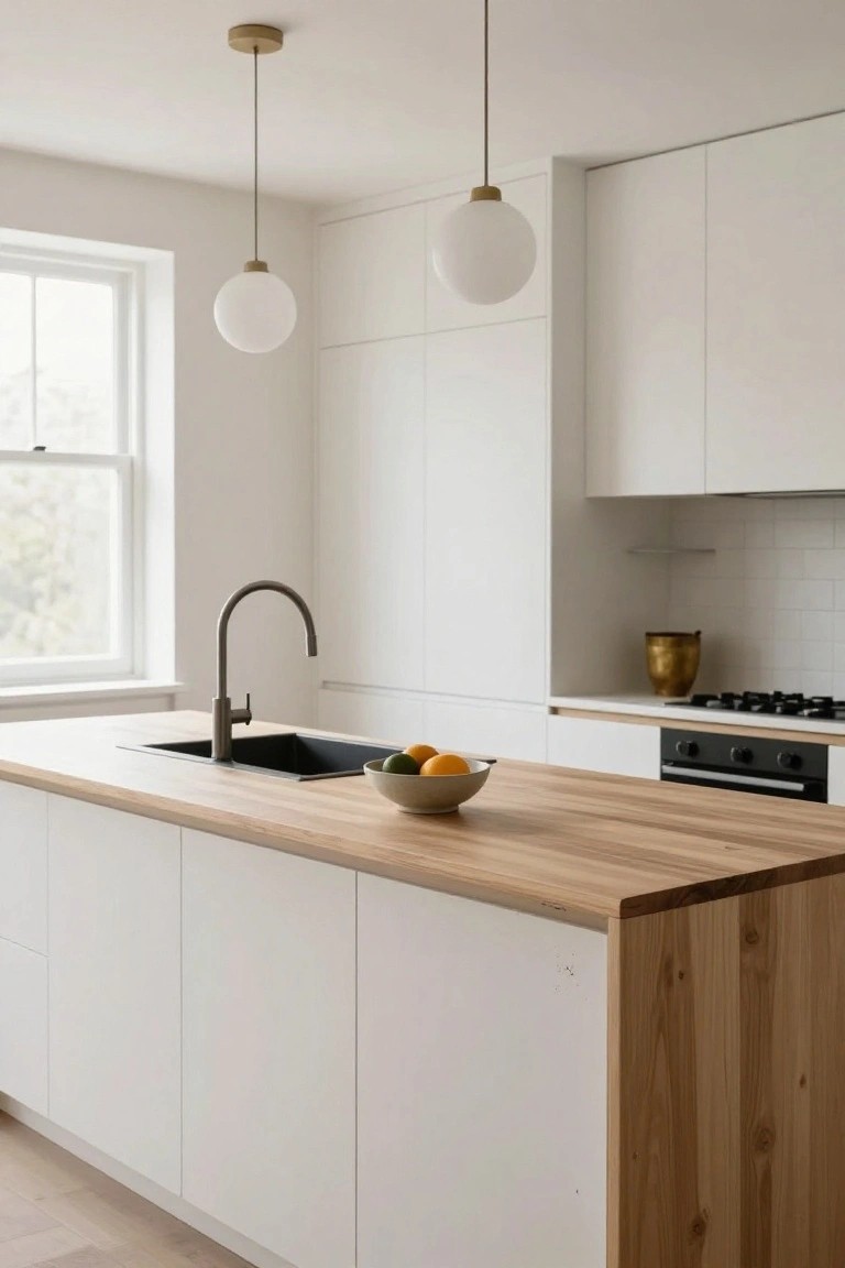 Modern white kitchen with flat-panel cabinets, light wood countertop on L-shaped island, black undermount sink, curved brass faucet, two white pendant lights, and bowl of oranges on the island.