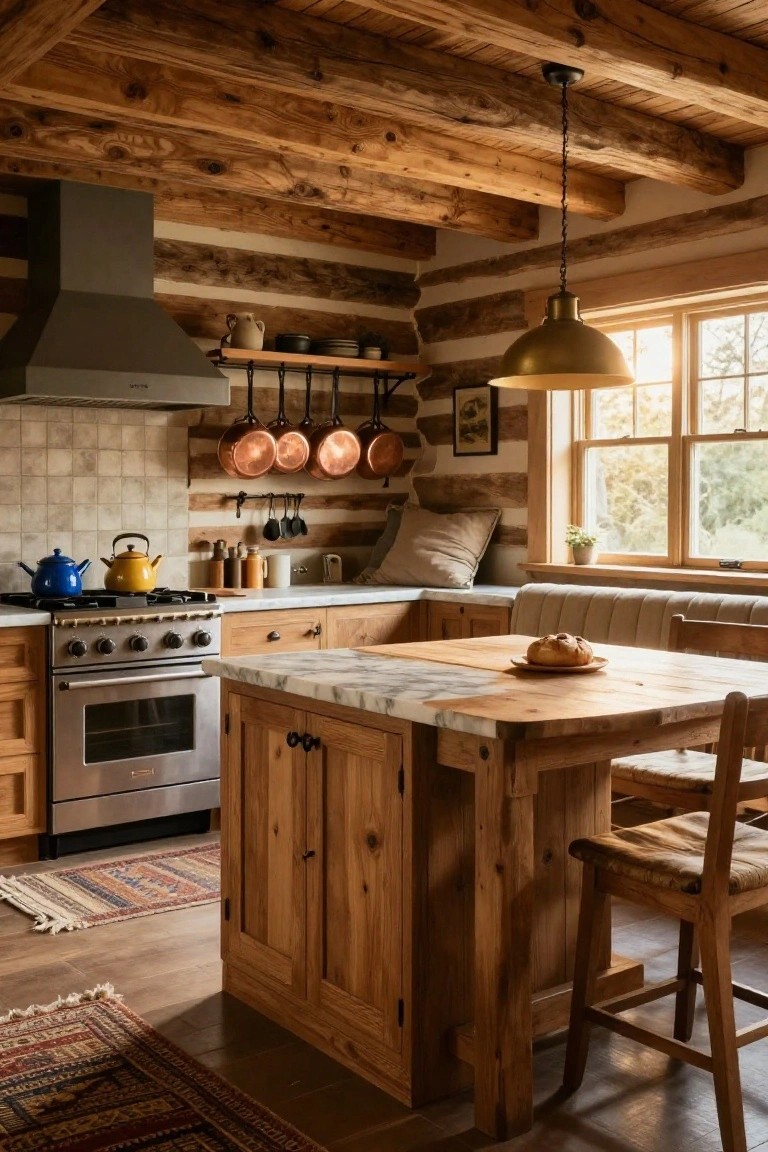 Rustic log cabin kitchen with exposed wooden beams on walls and ceiling, gray range hood, hanging copper pots and utensils, wooden cabinets, blue and yellow kettles on gas stove, marble-topped wooden island with stools, and window with sunlight.