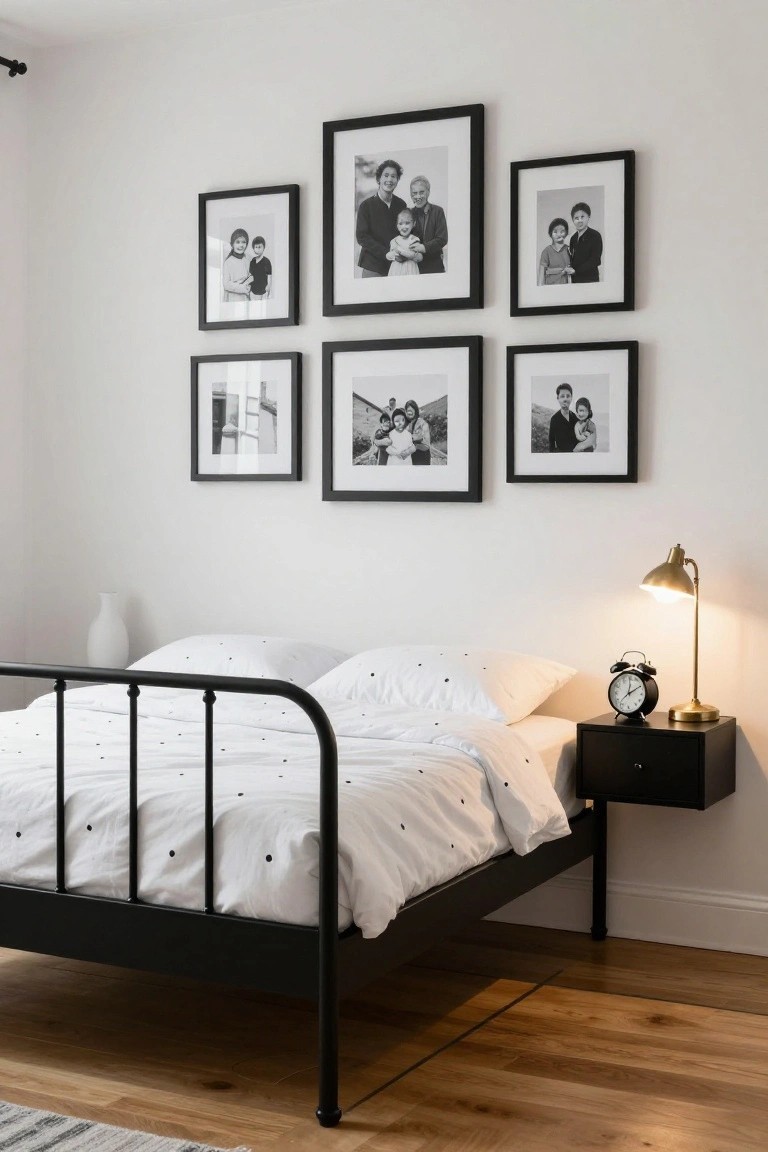 A bedroom with a black metal bed frame covered in white bedding with black polka dots, a floating black nightstand with brass lamp and clock, and six black-framed black-and-white family photos arranged in a grid on the white wall above the bed.