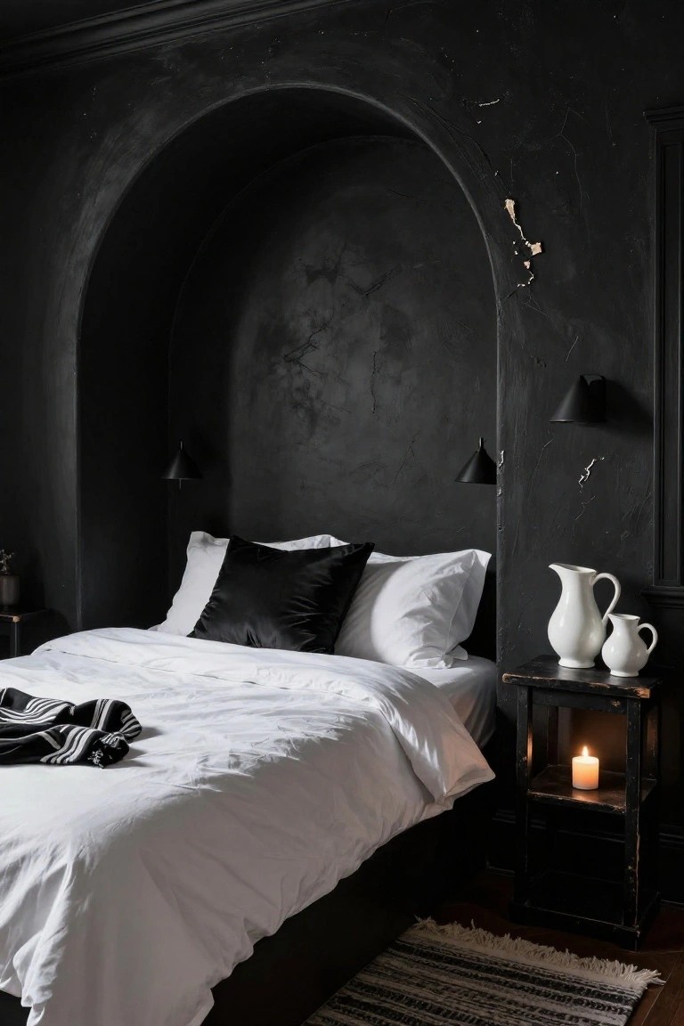 Bedroom with dark textured black walls forming a large arch behind a white bed topped with white sheets, black satin pillows, and a striped throw, next to a black wooden nightstand holding white pitchers and a lit white candle.