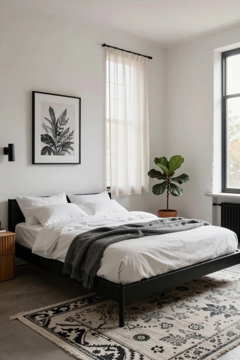A minimalist bedroom with a black platform bed frame, white bedding and pillows, gray knit throw, wooden side table, potted fiddle leaf fig plant in terracotta pot, black-framed leaf artwork, sheer curtains on large windows, black wall sconce, and black-and-white patterned rug on concrete floor.