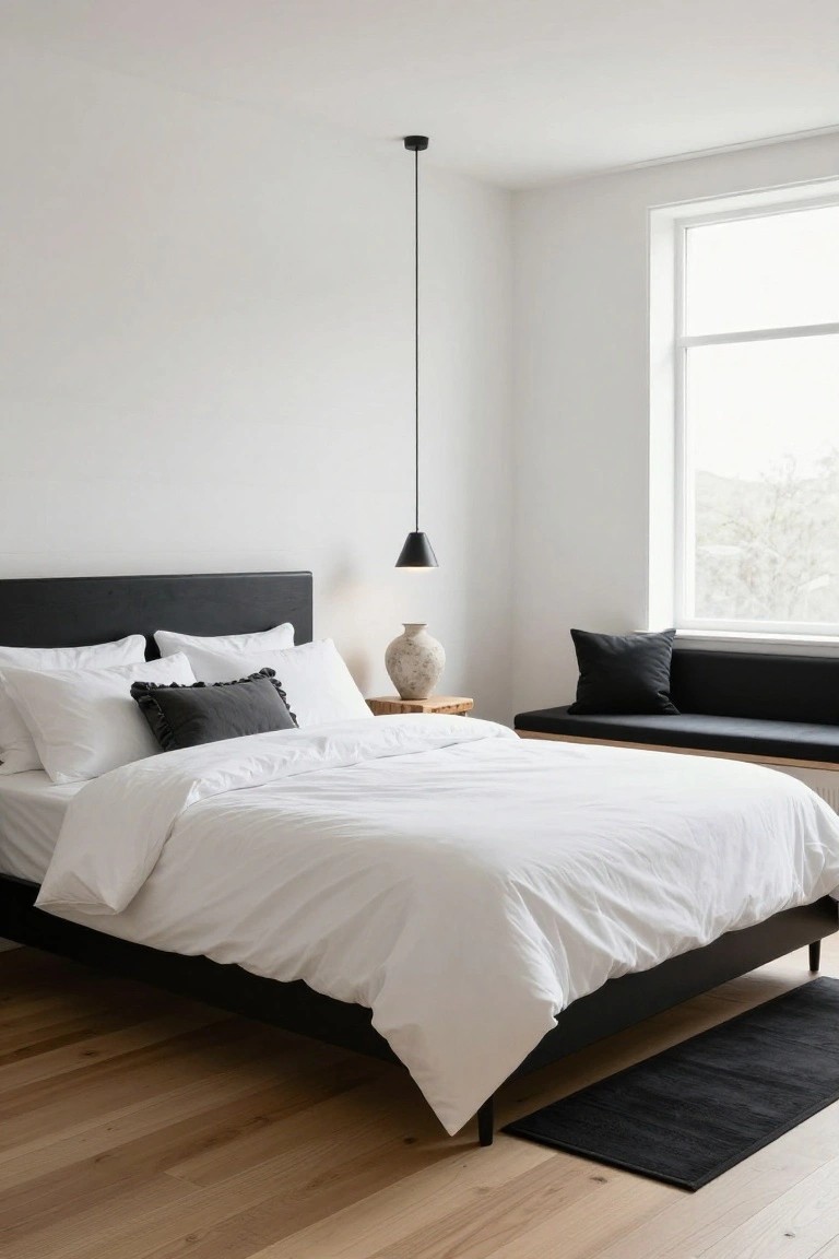 A minimalist bedroom with a black upholstered bed frame and white bedding, a black cushioned bench under a large window, a pendant lamp, ceramic vase on wood side table, and light oak flooring.