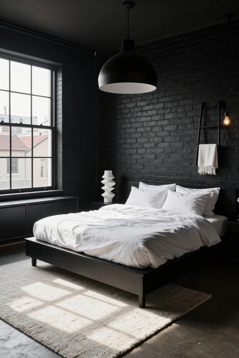 Bedroom interior with exposed black brick walls, black metal bed frame with white linens, large black pendant lamp overhead, white wavy table lamp, wooden ladder towel rack, and sunlight through large windows onto a light rug and concrete floor.