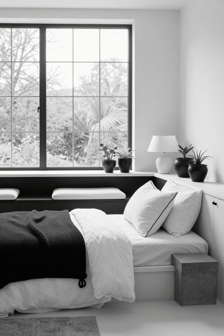 Black-and-white photo of a minimalist bedroom with platform bed draped in black throw and white sheets, built-in black ledge under large black-framed window used as cushioned bench and plant shelf, concrete side table, and view of trees outside.
