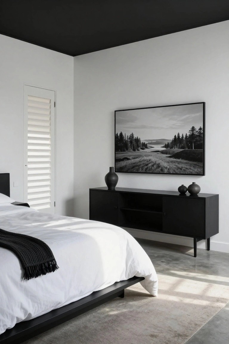 A minimalist bedroom featuring a black ceiling and white walls, with a low black bed frame draped in white sheets and a black throw, a black credenza holding black pottery, a large framed black-and-white landscape photo, and plantation shutters on the window.
