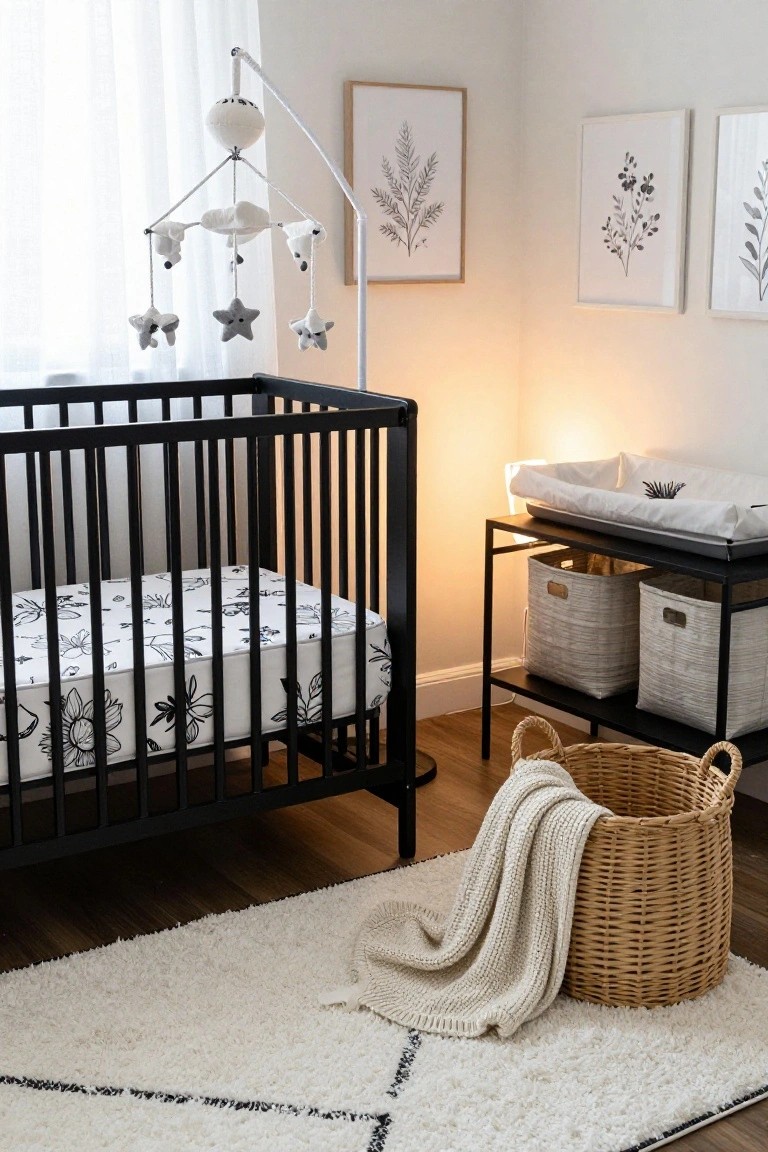 A nursery with a black metal crib containing white floral-patterned bedding, a white plush mobile hanging above, a changing table on a black metal stand with white baskets, a white woven basket with blanket on a white rug, and framed botanical prints on beige walls.