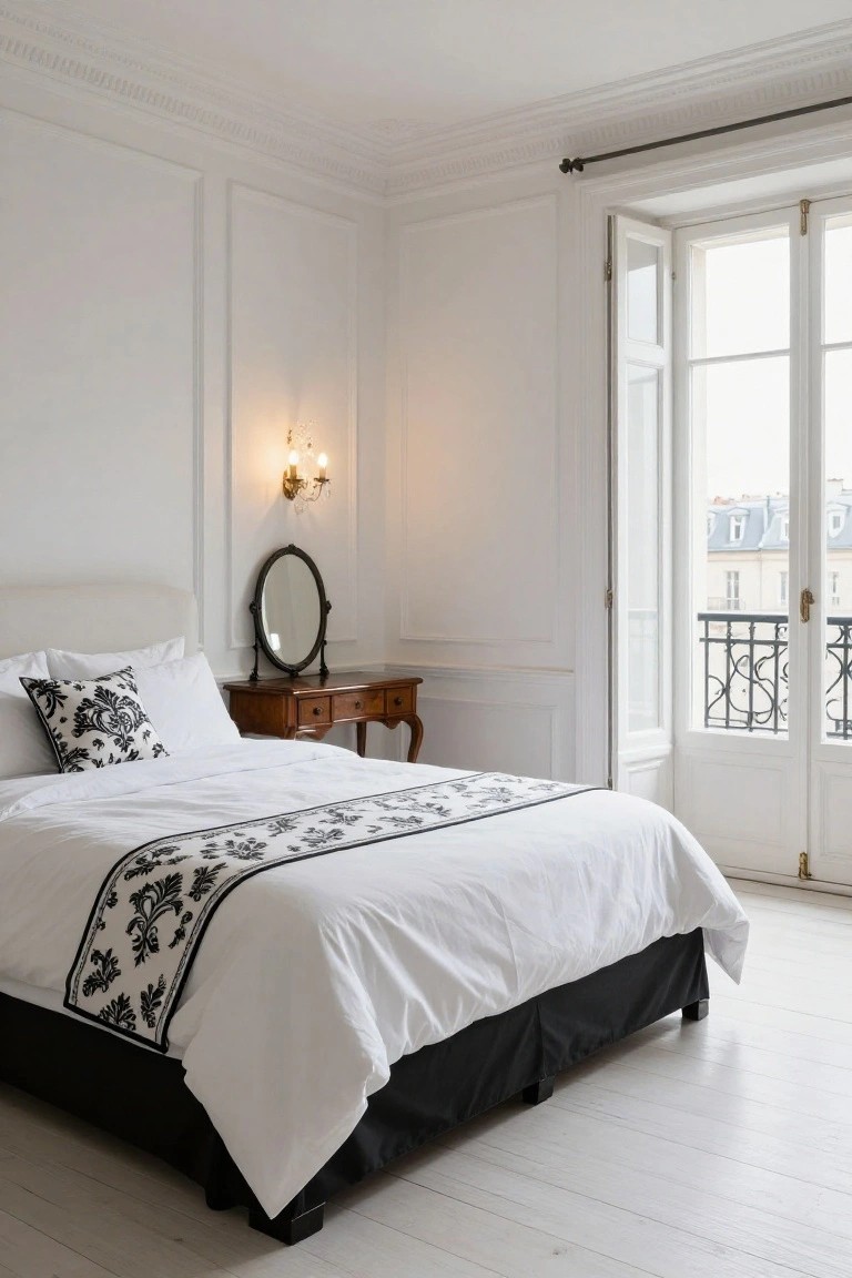 White bedroom featuring a bed with black and white damask runner and pillows, antique wood vanity with mirror, wall sconce, and open French doors to a balcony with view of rooftops.