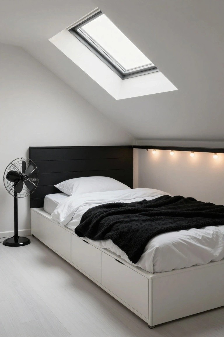 Modern attic bedroom with white bed, black headboard, and skylight.