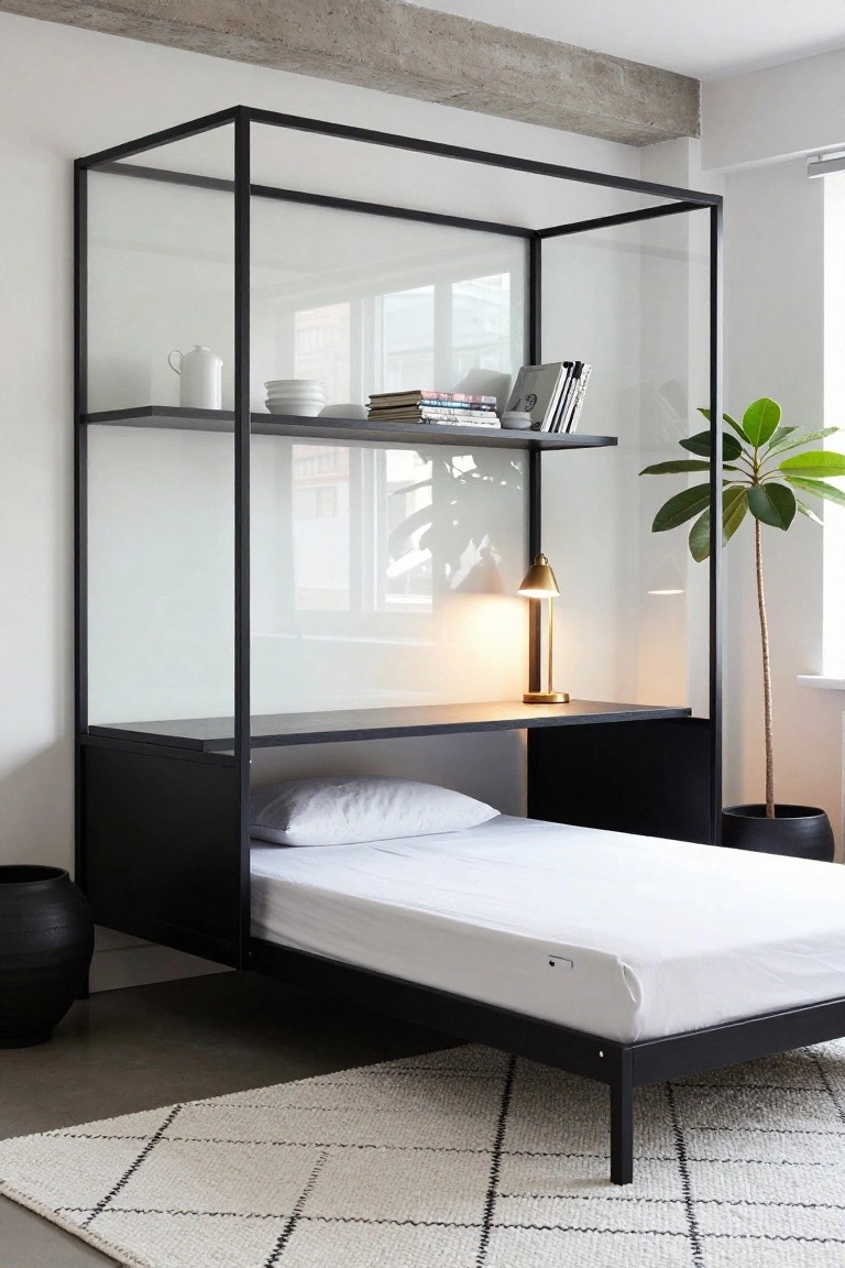 A black metal framed structure against a white wall in a bedroom containing a white bed at the base, a desk shelf above with gold lamp, open shelves with books and dishes, a potted money plant, and black pots on a concrete floor with white rug.