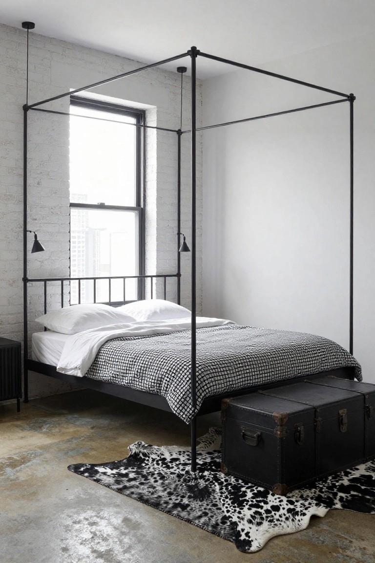 A bedroom with black metal pipe canopy bed frame over white sheets and gray checkered duvet on black platform bed, exposed white brick walls, large black-framed window, black adjustable wall lamps, black trunks, and black and white cowhide rug on concrete floor.