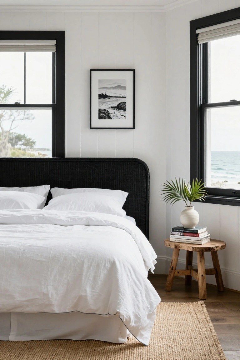 White paneled bedroom with black rattan headboard, white bedding, black-framed windows showing ocean view, potted palm plant on windowsill, stack of books on wooden stool next to bed, seagrass rug on wood floor.