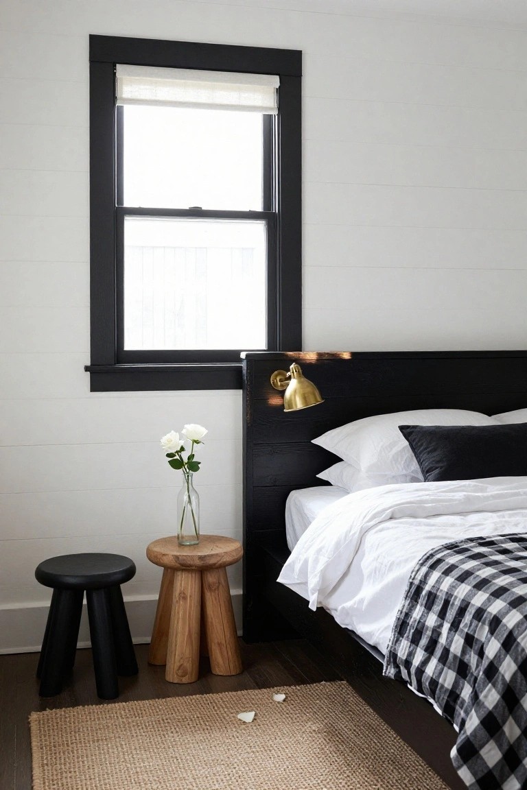 Bedroom with white shiplap walls, black window frame and trim, black wood headboard, white linens on bed with black velvet pillows and black-and-white check blanket, two stools, vase of white roses, seagrass rug, and gold wall sconce.