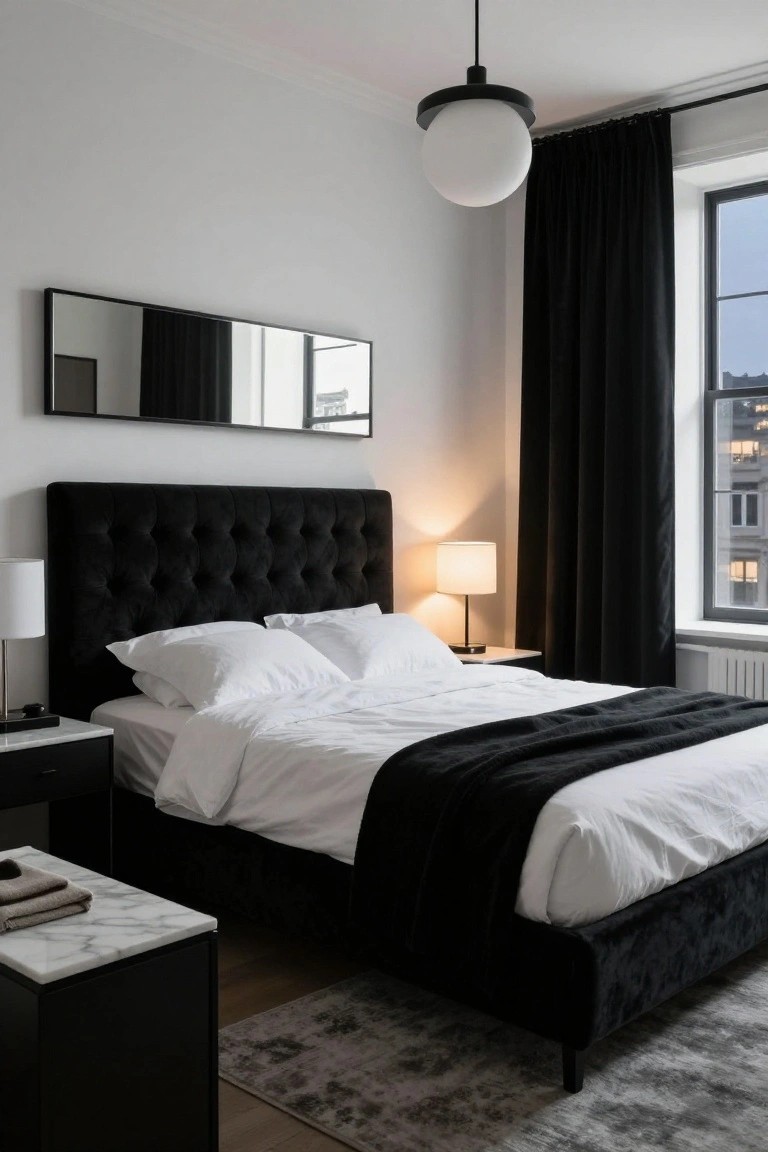 A bedroom with black velvet tufted bed frame and headboard, white bedding and pillows, marble nightstand with lamp and books, large horizontal mirror on wall, black curtains on window with city view at dusk, and white pendant light overhead.