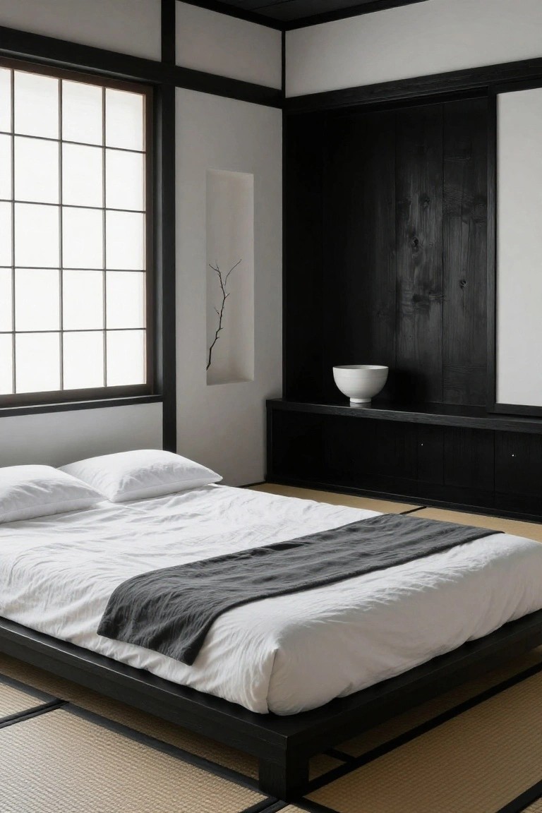 A minimalist bedroom with white walls, black wood shoji windows and paneling, a low black platform bed with white linens and gray throw on tatami mats, a white bowl on a shelf, and a single branch in a niche.