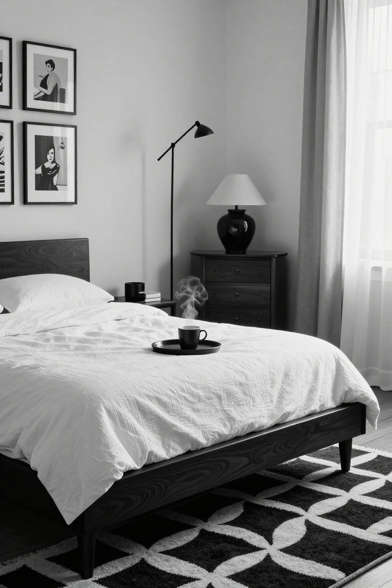 Black and white photo of a bedroom corner with a dark wood bed frame, white textured linens, a bedside tray holding a coffee cup and saucer, dark dresser, and black-framed artwork on light walls.