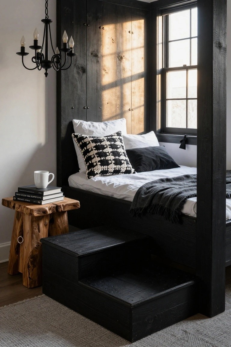 Corner bedroom with black wood elevated platform bed featuring two steps, white bedding, black and white patterned pillows, books and white mug on rustic wooden stool, pendant light overhead, window with sunlight.