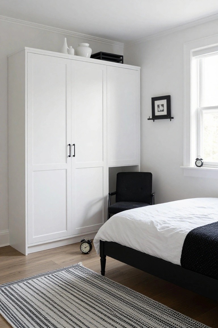 Modern white bedroom with tall wardrobe, black bed, and striped rug.