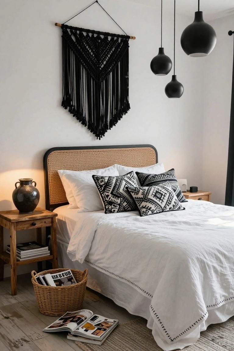Modern bedroom with white bedding, black macramé wall hanging, and pendant lights.