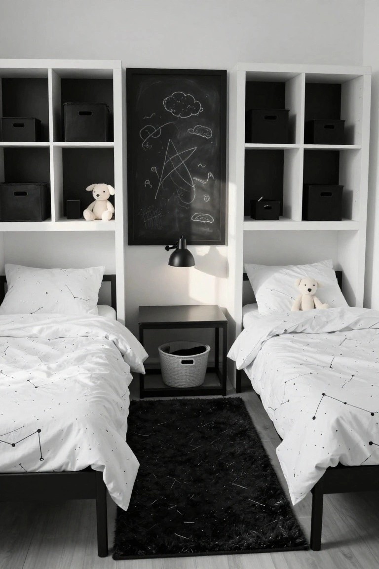 Modern twin bedroom with constellation bedding, black rug, and chalkboard art.