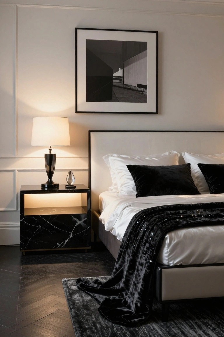 Elegant bedroom with black marble nightstand, white bedding, and abstract wall art.