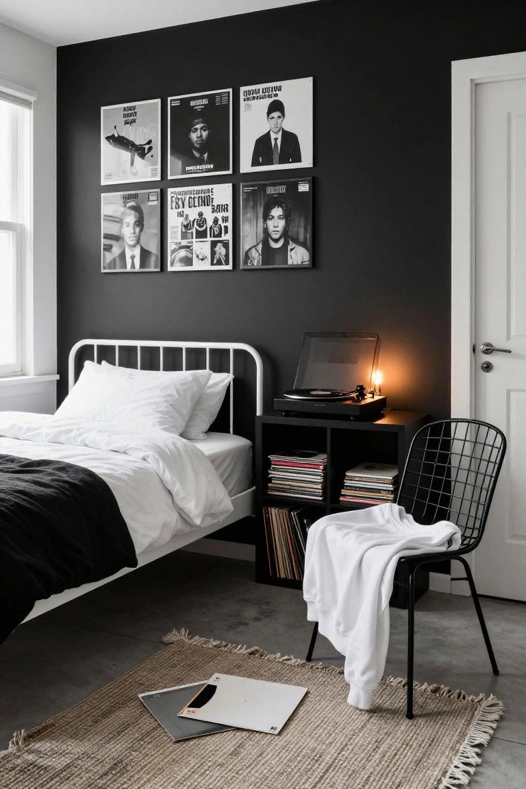 Bedroom with dark gray walls displaying a grid of black and white framed music posters and album covers above a white metal bedframe with white pillows and black duvet, black record player on shelf with stacked vinyl records, white wire chair with draped white sweatshirt, and seagrass rug on concrete floor.