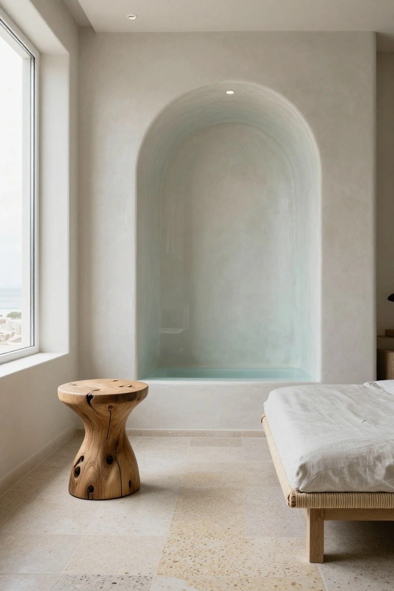 Minimalist bedroom interior with a recessed arched alcove containing a turquoise-filled bathtub, a knotted wood stool beside it, a low rattan-framed bed with white linens, beige tiled floor, and a large window showing ocean view.
