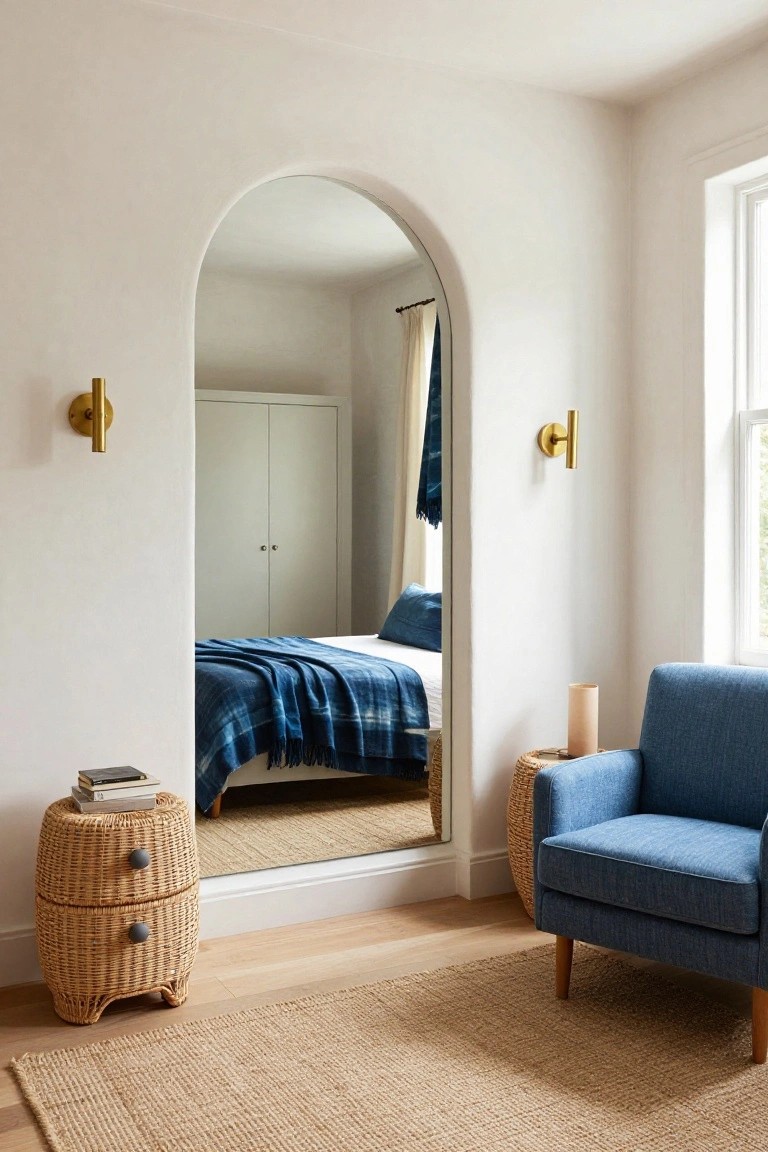White bedroom corner with large arched floor mirror reflecting a bed draped in blue plaid blanket, gold wall sconces, two rattan side tables, blue armchair, seagrass rug, and hardwood floors.
