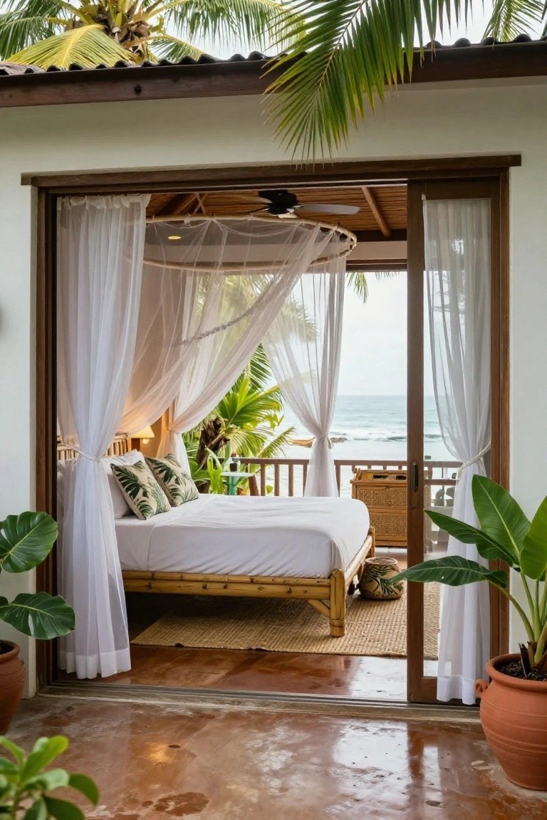 Bedroom with white bamboo canopy bed draped in sheer mosquito netting, open wooden sliding doors to balcony overlooking ocean waves and palm trees, potted tropical plants on tiled floor.