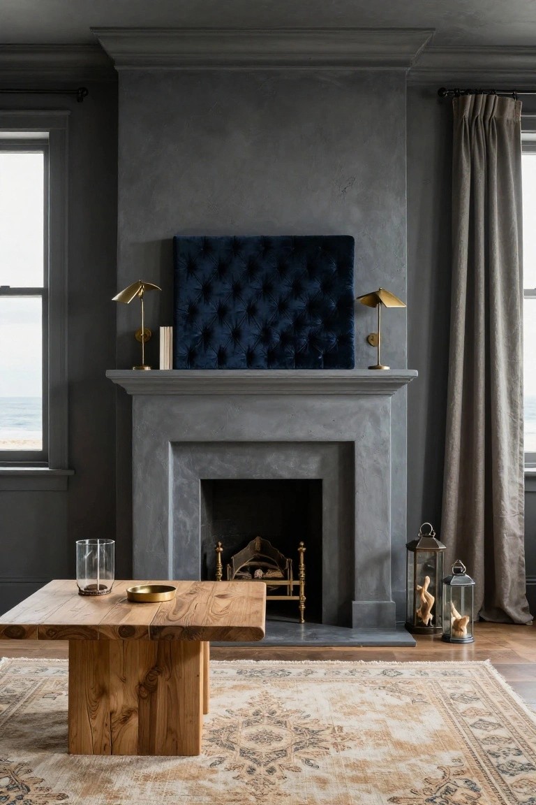 Gray stone fireplace mantel in a living room with blue tufted panel above, wooden coffee table on beige rug, glass vase and lanterns nearby, gray walls, and ocean view through side windows.