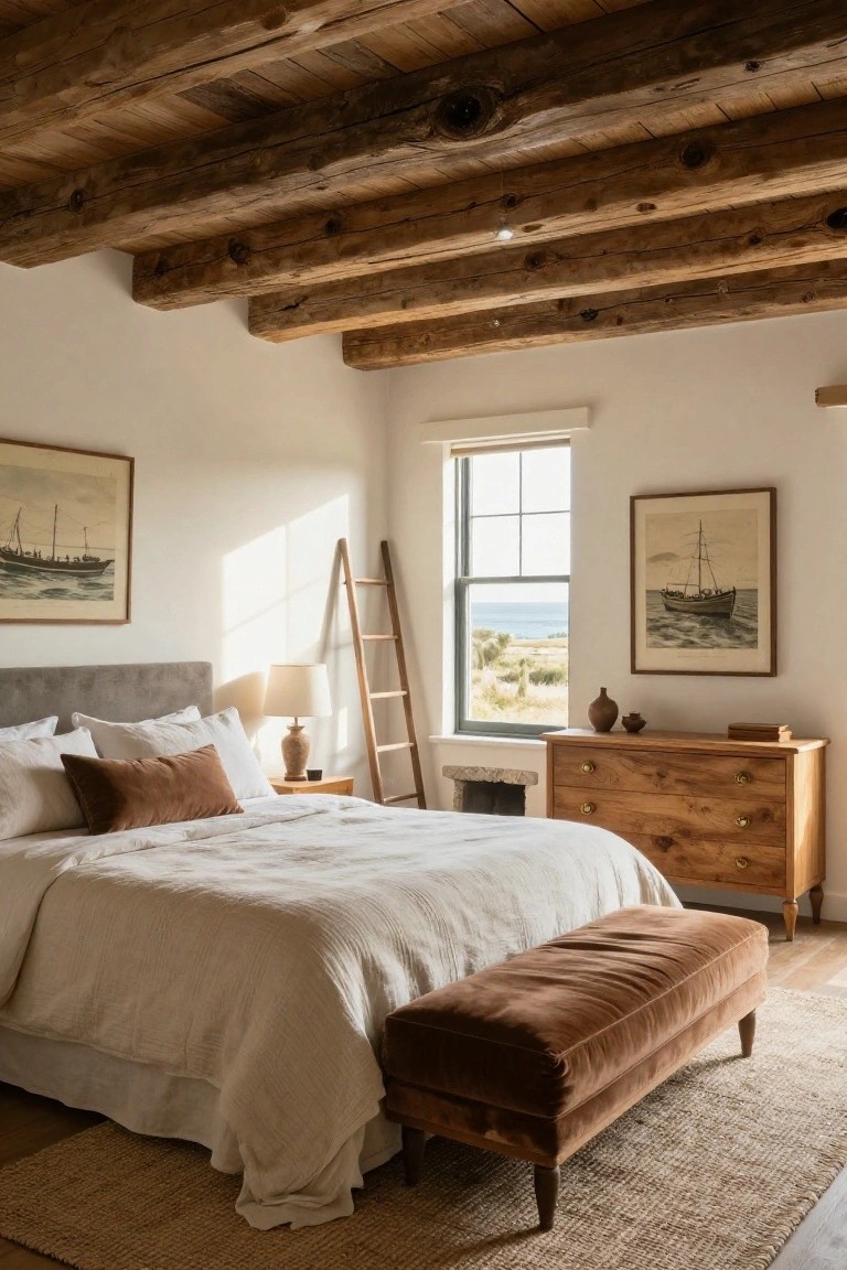A bedroom with exposed wooden beam ceiling, white walls, gray upholstered bed with white and rust pillows and linens, wooden dresser, ladder, bench, lamp, and window showing ocean view.