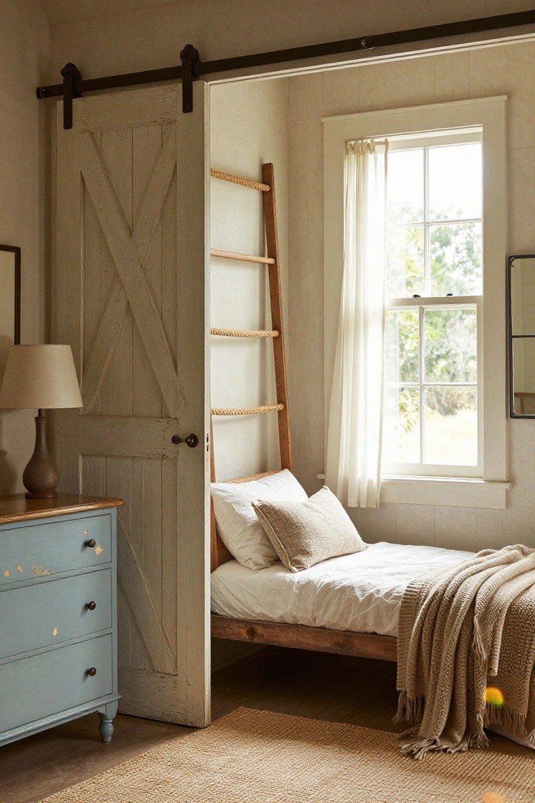 Rustic bedroom with wooden bed, sliding barn door, blue dresser, and sunlit window.