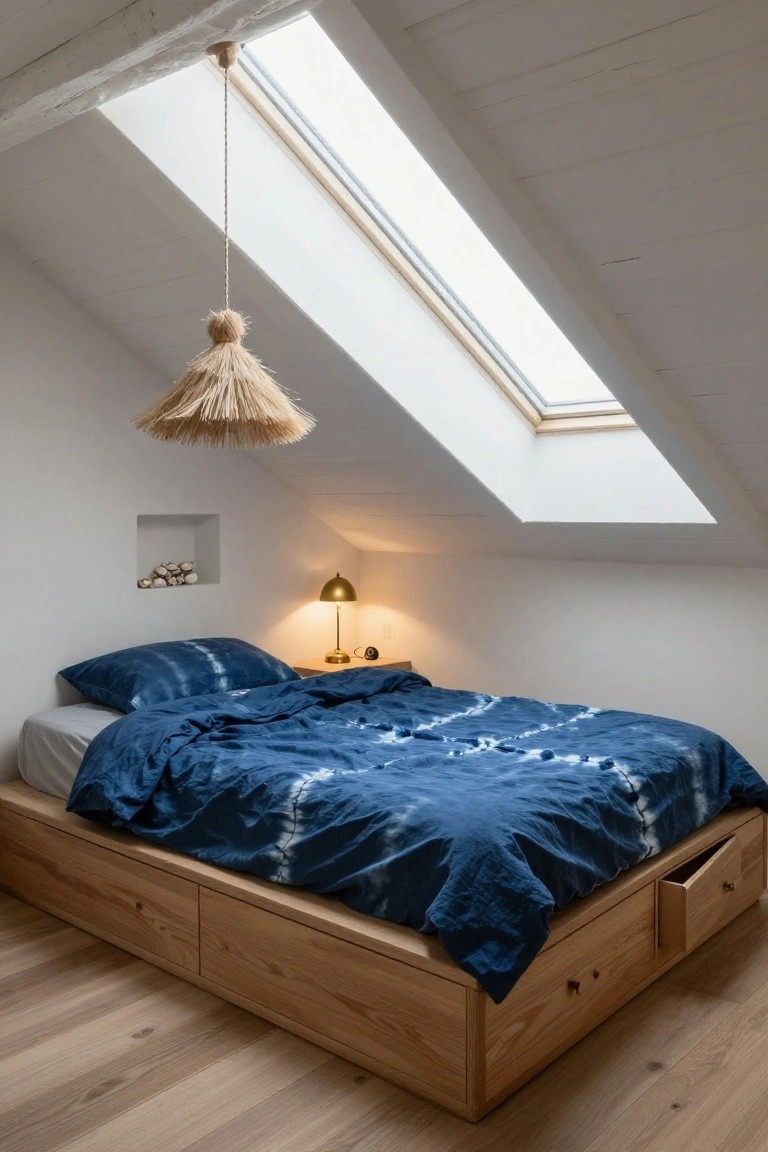 Attic bedroom with white sloped ceilings and skylight, low wooden platform bed with indigo tie-dye bedding and drawers, rattan hanging lamp, bedside brass lamp, and niche with seashells.