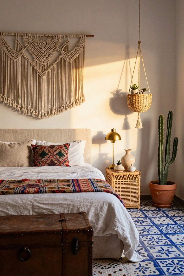 Bedroom interior with large beige macrame wall hanging above a bed dressed in white linens, patterned pillows, and colorful woven throw, rattan nightstand holding gold lamp, vase, and small pots, tall potted cactus, hanging basket plant, vintage leather trunk at bed foot, and blue patterned tile floor.