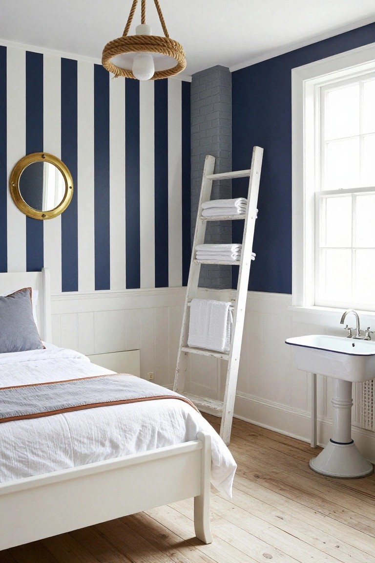 Coastal bedroom with navy and white vertical striped walls, white wooden bed, ladder towel rack, gold porthole mirror, and white pedestal sink by a window.