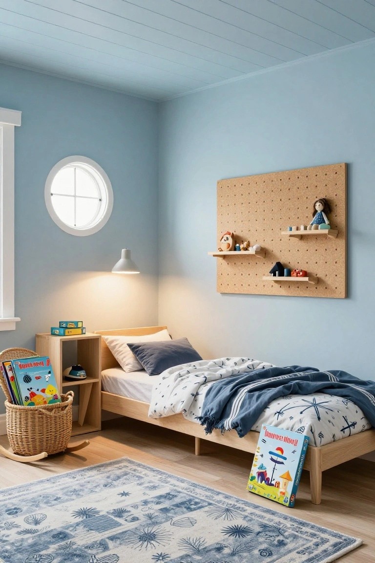 Child's bedroom featuring light blue walls, a single bed with white and navy bedding, wooden nightstand with books, wicker basket, pegboard wall with toys and shelves, and a blue rug on hardwood floor.
