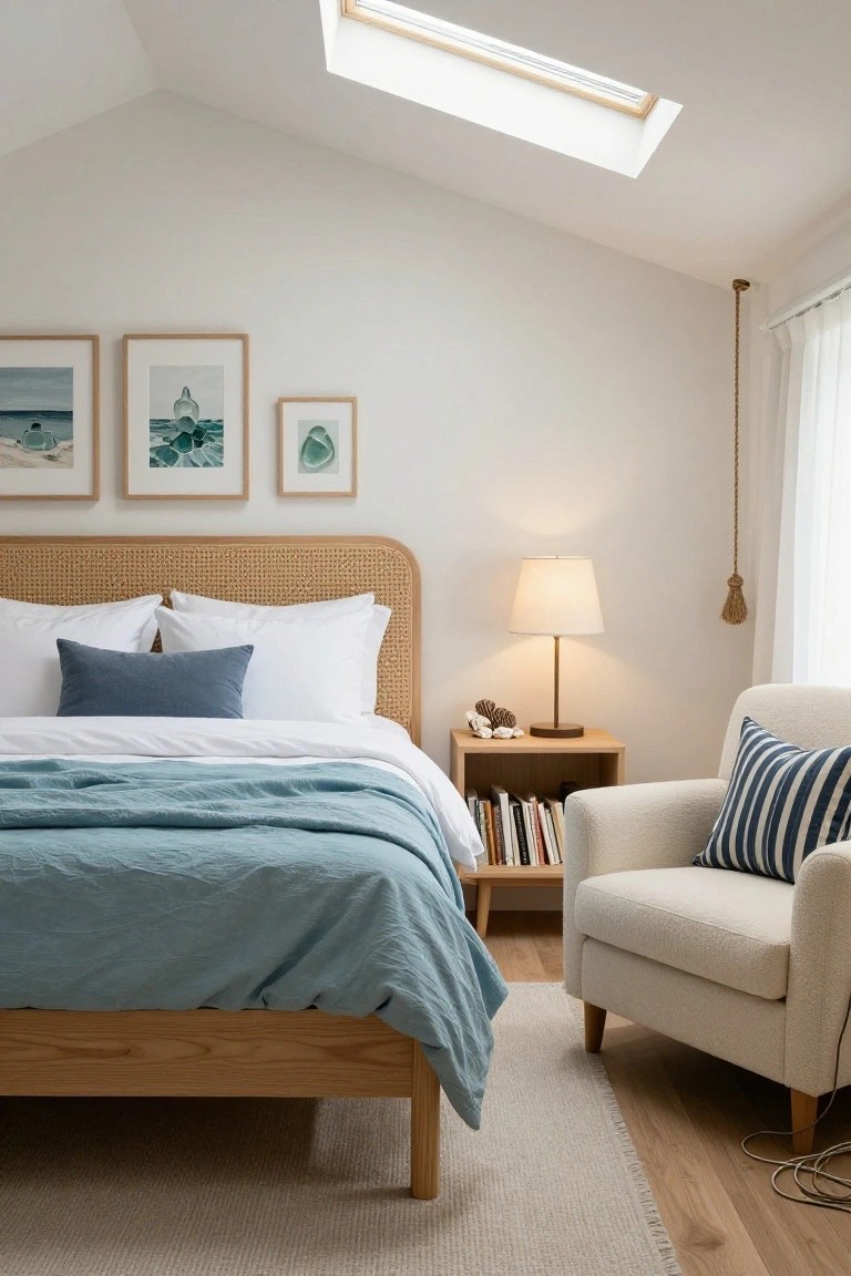 A bedroom with rattan headboard on wooden bed frame, white sheets and teal throw blanket, blue accent pillow, wooden nightstand with lamp and shells, cream armchair with striped pillow, framed seaside artwork on white walls, skylight overhead, and light wood floors with beige rug.