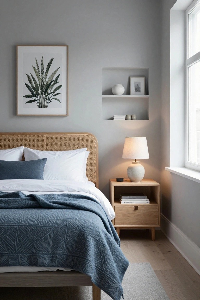Bedroom with light gray walls, beige rattan headboard on a low wooden bed frame, white pillows and blue throw blanket, wooden nightstand holding books and a ceramic lamp, niche shelf nearby, hardwood floor, and large window.