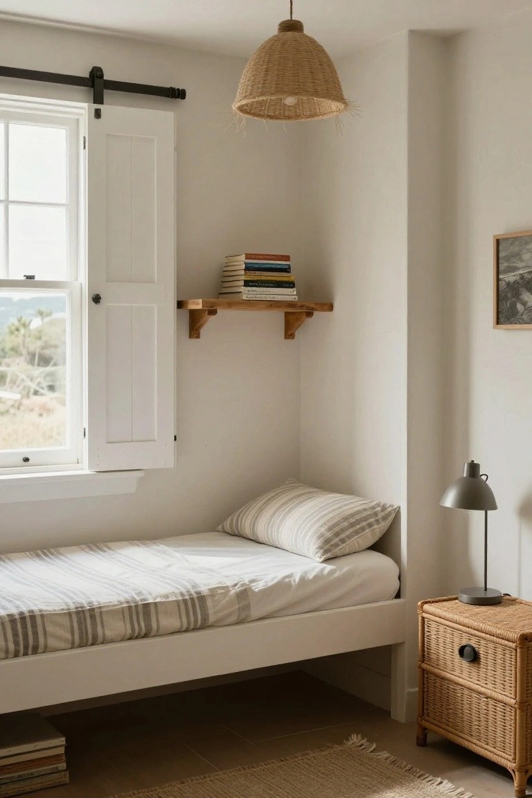 Cozy bedroom with white bed, woven lamp, wooden shelf, and rattan nightstand.