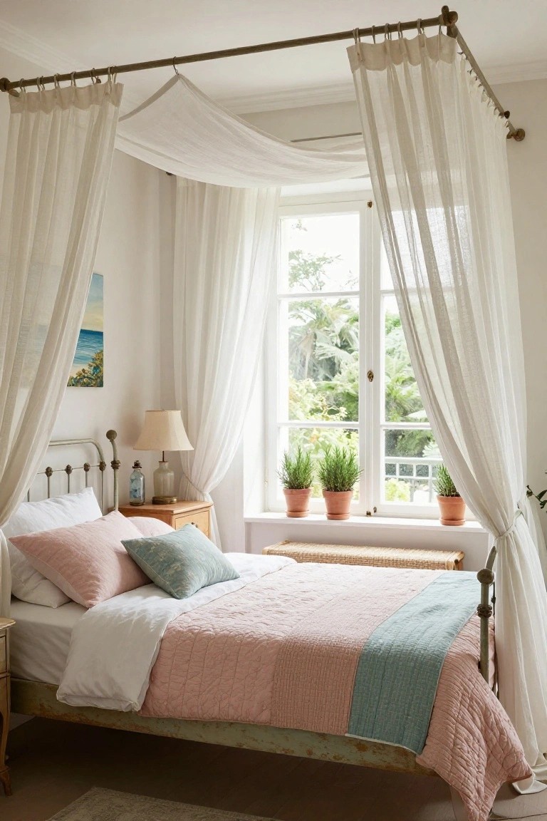 White iron bed with pink quilted bedding and teal pillows under a sheer white fabric canopy, beside a wooden nightstand with lamp and bottle, large window with sheer curtains and four potted rosemary plants on the sill, beach painting on wall.