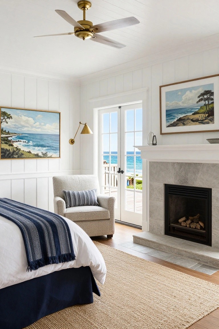 White shiplap-paneled bedroom with a white bed draped in a navy throw, gray armchair, stone fireplace, brass ceiling fan, ocean paintings on walls, and French doors opening to a balcony overlooking the sea.