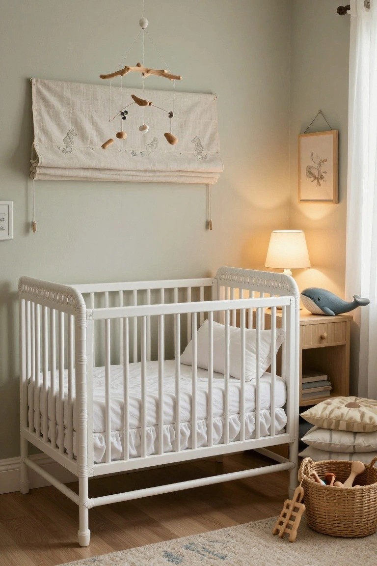 Pale green nursery room corner with white rattan-trimmed crib, wooden mobile overhead, whale plush on wooden dresser, basket of wooden toys on hardwood floor, and linen window shade with seahorse embroidery.