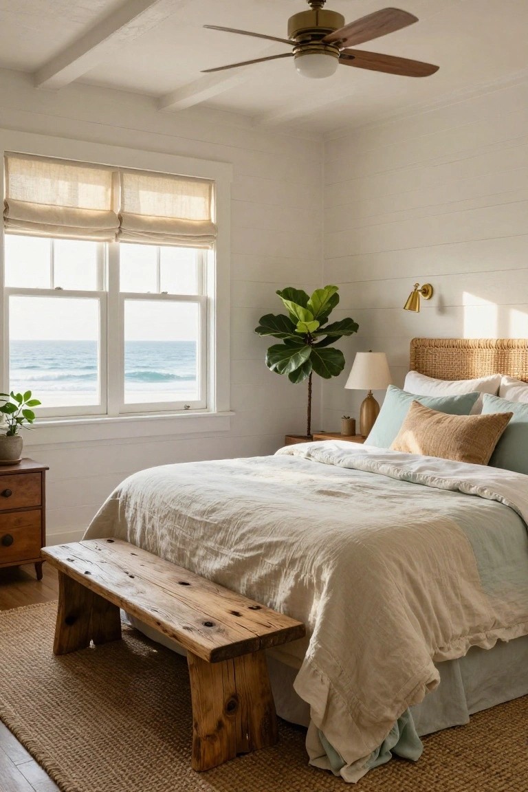 Coastal bedroom interior with white shiplap walls, rattan headboard on a bed with neutral linen bedding, rustic wooden bench at the foot, potted plants, wooden nightstand, jute rug, and ocean view through double-hung windows under a ceiling fan.