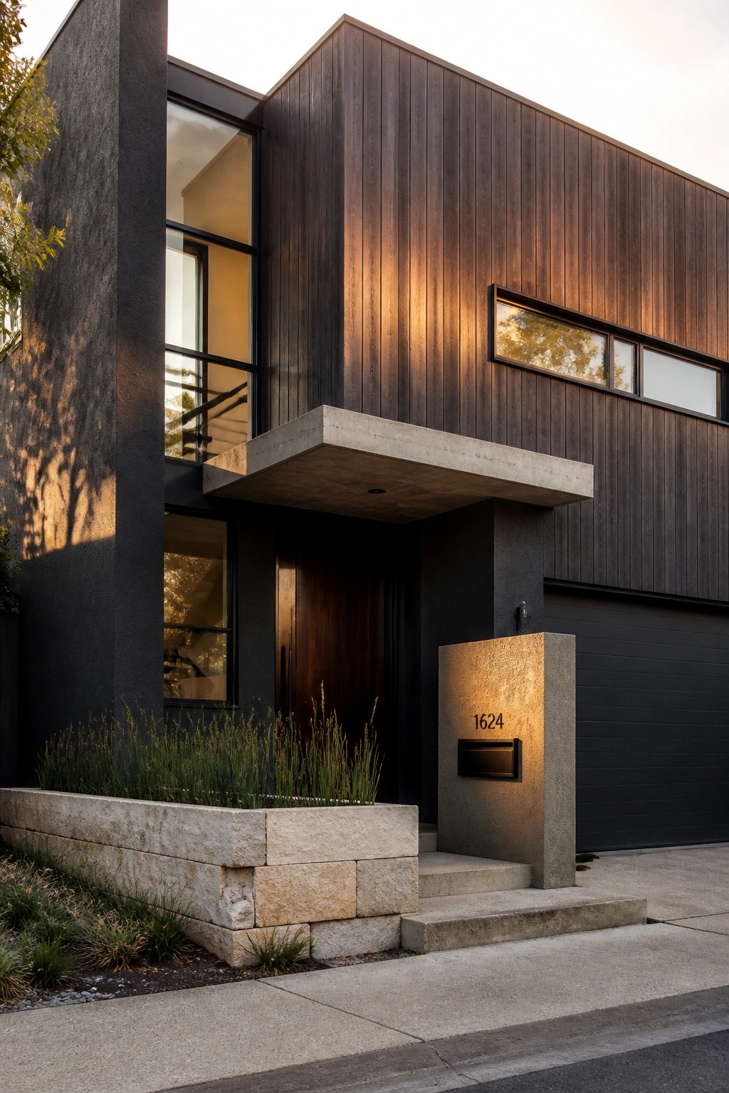 Modern two-story house exterior with dark wood siding, a cantilevered concrete entry canopy, a dark wood door, and a lit concrete pillar displaying the address 1624.