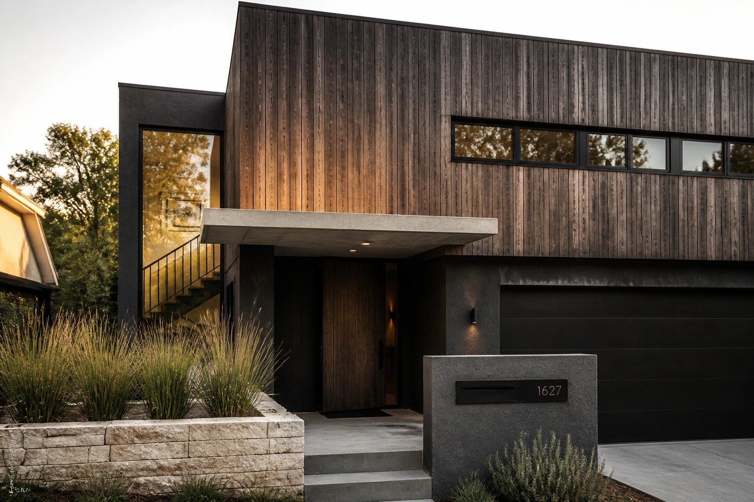 Modern two-story house exterior with dark wood siding, a cantilevered concrete entry canopy, a dark wood door, and a lit concrete pillar displaying the address 1624.