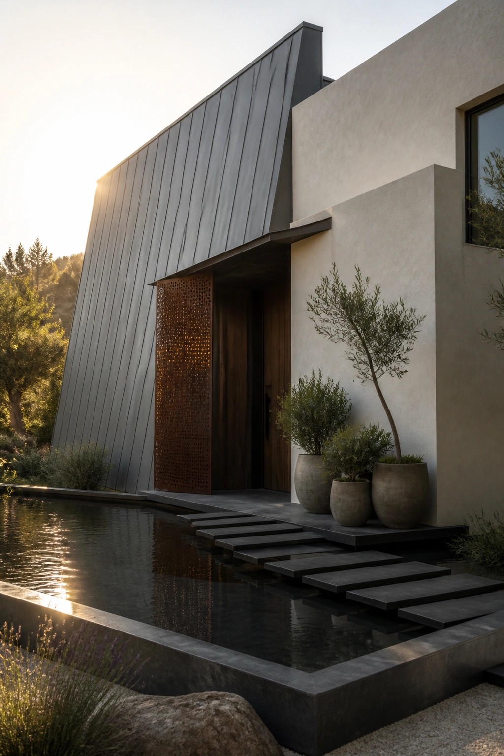 Modern house exterior featuring a dark metal roof, wooden door, and rusted perforated metal screen beside the entrance, with dark stepping stones crossing a shallow pool.