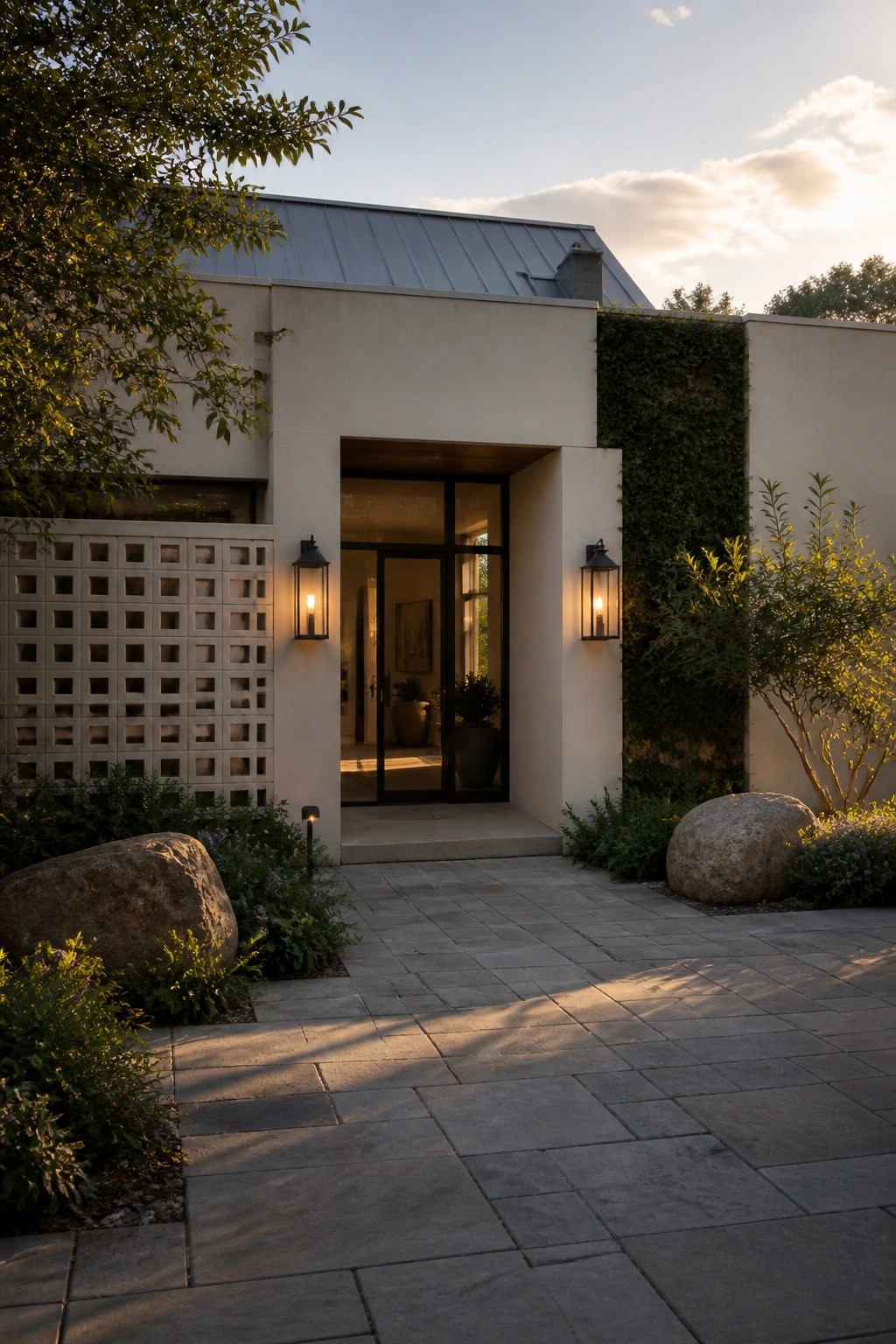 A contemporary home entrance with a recessed doorway, black-framed glass doors, two wall-mounted lanterns, a living wall on the right side, and a concrete block screen on the left.