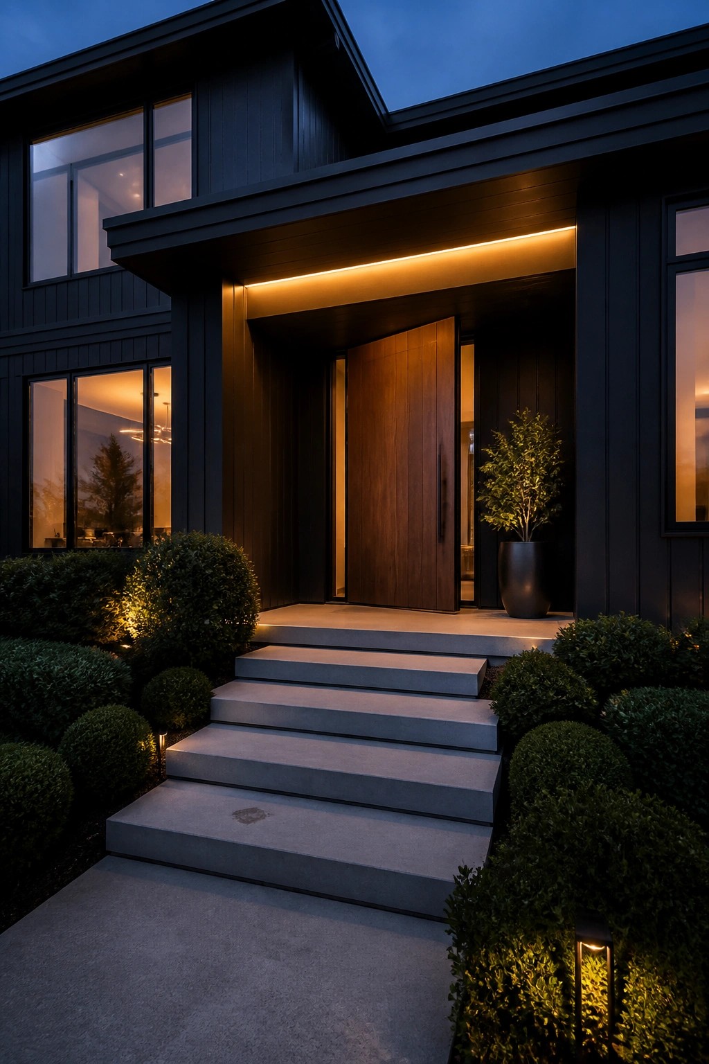 Modern black house entrance with lit wooden door, concrete steps, and landscaped shrubs at dusk.