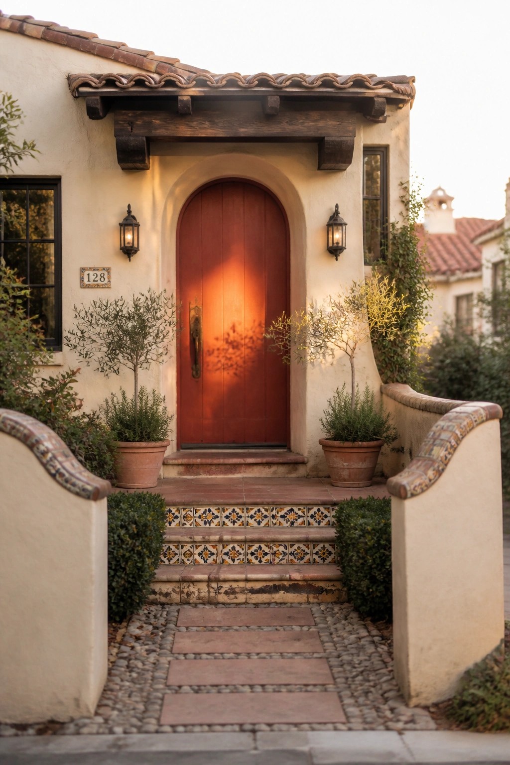 A small Mediterranean-style home exterior featuring a red arched wooden door set in a stucco wall, flanked by lanterns, with tiled steps and potted plants leading to a stone pathway.